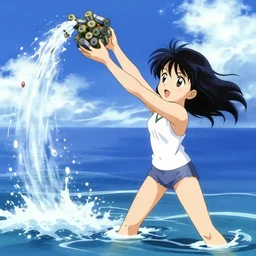 a 2 0 0 8 anime still of an anime girl throwing used car batteries into the ocean.