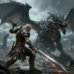 elder scrolls dragonborn wielding huge sword vs giant black dragon, epic, dramatic lighting