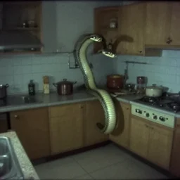 a gigantic snake in a stalinist style kitchen, by mini dv camera, very very low quality, heavy grain, very blurry, accidental flash, webcam footage, found footage, security cam, caught on trail cam
