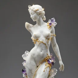 abstract female sculpture made of white marble and amethyst crystals quartz, ethereal lights, fine details, artstation, luxury, golden filigree, octane render