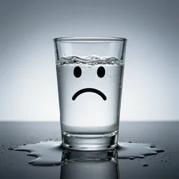 a glass of spilled water with a sad face, realistic, 4 k, studio photography, 3 5 mm lens