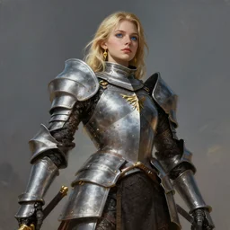 highly detailed full body portrait painting of a proud young female knight in the style of Warhammer Fantasy by Artgerm and Arian Mark, medium length blonde hair, blue eyes, golden earrings, no helmet, low angle shot, highly detailed, trending on artstation, cgsociety, 4k, 8k, HDR, octane render, unreal engine