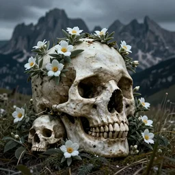 skulls being overgrown by edelweiss, dolomites in background, dark, eerie, despair, portrait photography, artstation, digital art, adward winning, concept art, artstation, highly detailed, sharp focus, by caravaggio