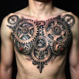 closeup photograph of an incredible chest tattoo of interlocking steampunk gears, intricate linework peter mohrbacher intricate, model with attractive body, award-winning by rapha lopes, and baris yesilbas, photo taken with dramatic studio lighting by brian ingram