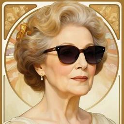 aesthetic portrait of elegant mature plumptious older woman wearing sunglasses, hyperdetailed detailed, by Alphonse Mucha, Ayami Kojima, Amano, Charlie Bowater, Karol Bak, Greg Hildebrandt, Jean Delville and Mark Brooks, Art Nouveau, Neo-Gothic, gothic, deep rich colors n 9