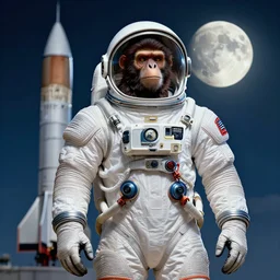hdr photography an ape wearing a half spacesuit!, in front of a rocket, full moon sky, cinematic, coherent portrait, intricate, elegant, highly detailed, digital photo, trending on artstation, hdr photo, smooth, sharp focus, illustration, art by artgerm and greg rutkowski and alphonse mucha