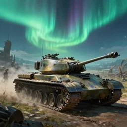 tank the battlefield, epic scene, volumetric lighting futuristic, intricate, highly detailed, digital painting, artstation, concept art, cinematic, smooth, sharp focus, illustration, aurora borealis, unreal engine 5, 8 k, art by artgerm and greg rutkowski and alphonse mucha