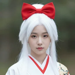 A young white-haired ancient Japanese princess wearing a red bow, (EOS 5DS R, ISO100, f/8, 1/125, 84mm, postprocessed, crisp face, facial features)