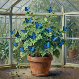 blue - green butterflyplant, bush, blue butterflies butterflies vines butterflies growing!!! on vines from the plant, in the vintage pot, herbology, glass greenhouse, matte painting, highly detailed, masterpiece, oil on canvas, rutkowsky, wlop, artgerm, levitan, rembrandt, botanical illustration