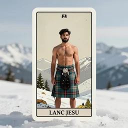a symmetrical tarot card of a toned shirtless desi mountaineer wearing a scottish tartan kilt on a snowy mountain peak. he has a wooden staff, cowboy hat, boots, and chest hair. background is a stained glass golden sunrise. art deco, art nouveau, homoerotic. by raja ravi varma, by louis comfort tiffany, by albert bierstadt. trending on artstation.