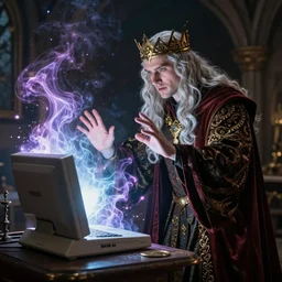 a medieval wizard destroys his computer with magical energy, by david mattingly.