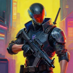 a vivid painting of master chief in cyberpunk