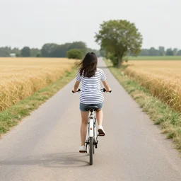 a girl wearing stripes riding a bicycle down a quiet Village Road with wheat fields on either side