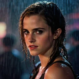 closeup headshot of seductive emma watson in the rain, bladerunner, backlit, night club, futurepunk, gta v, pinup, nagel, arney freytag, dark moody, cinematic, greg rutkowski, octane!