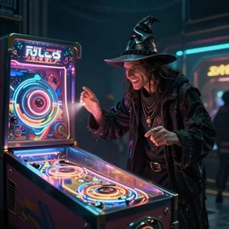 a wizard casting conjure pinball machine, cyberpunk, 4 k, highly detailed, cinematic lighting