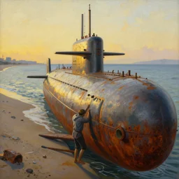 painting by dean cornwell, nc wyeth painting, ultra wide, vanishing point, 3 d perspective, beached submarine, incredible, award winning, up close, climbing, beaching, rust, sadness, golden hour, shinjuku junk town