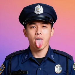 a colorful vibrant closeup portrait of a simple police officer licking a tab of LSD acid on his tongue and dreaming psychedelic hallucinations, by kawase hasui, moebius, Edward Hopper and James Gilleard, Zdzislaw Beksinski, Steven Outram colorful flat surreal design, hd, 8k, artstation