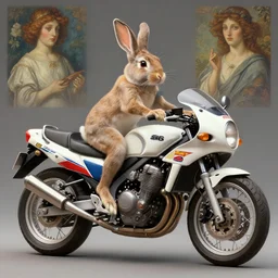 a bunny riding a 1 9 8 6 - suzuki - dr - 6 0 0!!!, highly detailed, digital painting, artstation, concept art, matte, sharp focus, highly detailed, 4 k, hdr, smooth, sharp focus, high resolution, award - winning photo, photorealistic, art by artgerm and greg rutkowski and alphonse mucha, large shot