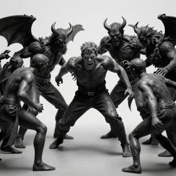 black figures chasing courageous man, strong man fighting demons who are trying to kill him, photo realism, centered, sharp focus, extreme detail