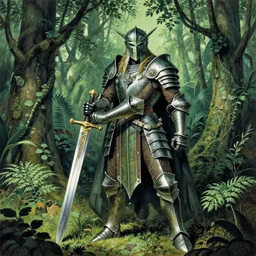 vintage sci - fi macabre botanical paladin holding a huge sword, lot of layers armour, in the dense forest, risograph, gouache matte painting, highly detailed, deviantart, intricate detailed, by moebius, jack gaughan, lehr paul