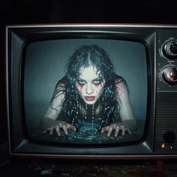 creepy cursed Photograph of Samara Morgan crawling out of a television, water dripping, dark, no lights, moist, taken using a film camera with 35mm expired film, bright camera flash enabled, award winning photograph, creepy, liminal space