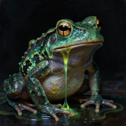 baroque neoclassicist close - up portrait of a retrofuturistic blacklight dark alien frog dripping in glowing toxic slime. dark black background, glowing atmosphere. highly detailed science fiction painting by norman rockwell, frank frazetta, and syd mead. rich colors, high contrast, gloomy atmosphere. trending on artstation and behance.