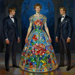 beautiful man wearing a dress made from stained glass in the design of a rose. painting by artgerm and greg rutkowski and ilya kuvshinov