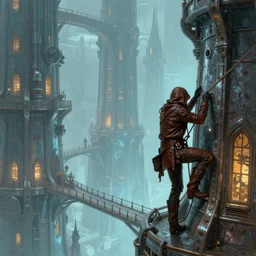 landscape painting of fantasy metal steampunk city that has a light blue glow with walkways and lit windows and you can very clearly see a fine detailed very visible and clearly defined hooded thieves in browns leathers climbing one of the tall buildings using a rope, fine details, magali villeneuve, artgerm, rutkowski