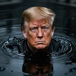 donald trump's face slowly appearing ( emerging ) out of a pool of viscous black reflective oil, dressed as barron vladimir harkonnen from dune, futuristic, cinematic - n 4