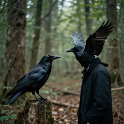 mixture between a!! person and crow, photograph captured in a forest