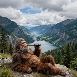 scenic high altitude mountain valley with large lake and forest and giant 2 0 0 foot talk mythical ancient friendly smart brown with scruffy gray hair bigfoot sasquatch creature laying down relaxing on the whole mountainside smoking an enormous blunt blowing out smoke that forms clouds of a partially cloudy sky