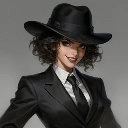 a highly detailed illustration of curly short haired girl wearing noir hat and suit and tie, dramatic smiling pose, intricate, elegant, highly detailed, centered, digital painting, artstation, concept art, smooth, sharp focus, league of legends concept art, WLOP