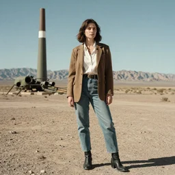 fashion editorial on Nevada nuclear bomb test site. 1956. highly detailed. depth of field. high definition. 8k. photography.