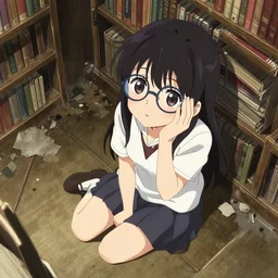 cute japanese vampire girl with glasses, sitting on the ground and looking up, covering half her face with one hand, in a ravaged library, overhead view, detailed digital artwork by Katsuhiro Otomo and Yoji Shinkawa and Takehito Harada