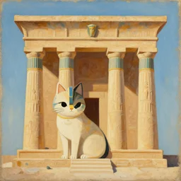 a painting of an ancient egyptian temple in the shape of a cute cat by moebius