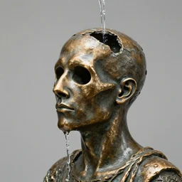 bronze hollow statue of mummified head with open cranium, water pouring from back