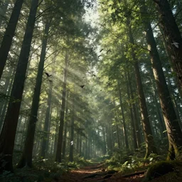birds flying in the forrest, beautiful dynamic lighting, cinematic, wide angle establishing shot, extremely high detail, photo realistic, cinematic lighting, post processed, concept art, artstation, matte painting, style by frederic church, raphael lacoste, unreal engine 8 k