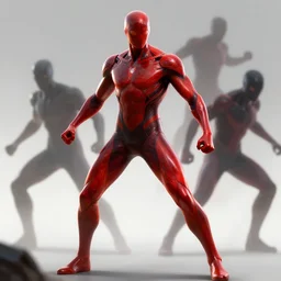 translucent realistic slim muscular male light armor suit tight clothes superhero in battle, red and black, fantasy digital art, vivid color style artstation, style greg rutkowski and frank frazetta and mucha and richard corben, octane render, unreal engine 6, epic game graphics, fantasy, conceptual art, ray tracing