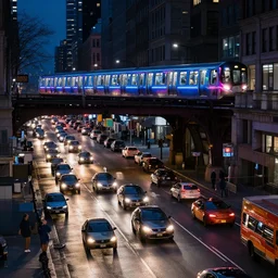 Busy new york city street full of cars at night ,futuristic train covered in neon led lighting on bridge over street, still photo
