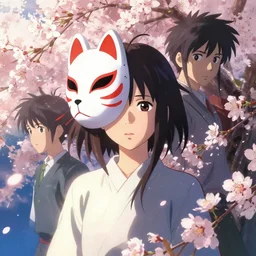 portrait of an asian girl with a kitsune mask surrounded by cherry blossoms in the style of makoto shinkai and artgerm and loish, dynamic lighting,
