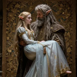 a gobelin with long hairs holds an elven princess in his arms in alan lee and marc simonetti and emil melmoth style  , cinematic lighting