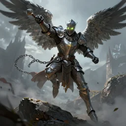 chainmail-wearing winged knight with glowing eyes leaping off a rock preparing to throw a punch, digital fantasy art by Steve Argyle