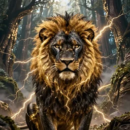 black lion's god looking at camera with fur made from gold lightnings surrounded by epic ancient huge forest and mountains, colossal scale, cinematic shot, hyperdetails, dramatic lighting, intricate by Evgeniy Antonenkov and James Jean