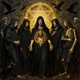 dante's inferno painting, with people in black hooded tunic like in the film eyes wide shut of stanley kubrick, illuminati symbol, crows, skeletons, crosses, jesus, dark beauty, rotten gold, perfect faces, extremely detailed, cinema 4 d, unreal engine.