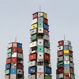 towers made up of colourful makeshift squatter shacks made up of steel, mamiya, 8 5 mm, uniform plain sky, fine details, photographed by julie blackmon