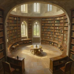 painting of an interior of a hidden ring - shaped library overlooking the great room, well maintained, clean, medieval, fantasy genre, natural light, fantasy, natural light, cozy atmospheric and cinematic lighting, trending on artstation