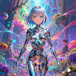 ultra detailed illustration of a anime girl covered in liquid chrome, lost in a dreamy fairy multiverse by ross tran, Andrew Thomas Huang, dan mumford, Druillet, colorful, front view, vivid colors, 8k, coherent, artgerm, anime vibes, octane render, uplifting, magical composition, artstation