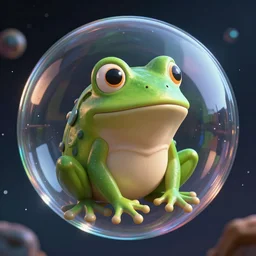 medium close - up shot of a very cute alien frog sitting inside a giant glass sphere floating through space, concept art, by esao andrews, by m. w. kaluta, by pixar, cyberpunk, volumetric light, rich colors, very humorous!!!, realistic reflections, smooth, depth perception, tilt shift, 4 k, unreal engine 5, artstation