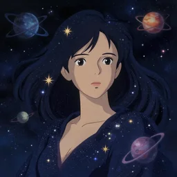 the begining of time, portrait of a beatiful woman, dressed in stars and planets, extreme hyper detail , in the style of studio ghibli, dramatic, fantasy lighting