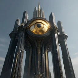 deep-onyx colored monolith megastructure with golden all-seeing eye of providence centered looking down from sky, Wadim Kashin, Simon Stalenhag , H.R Giger, dystopian, featured in artstation, octane render, cinematic, elegant, intricate, 8k